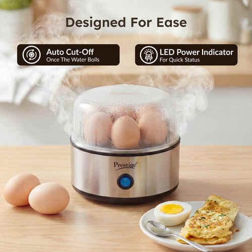 Prestige PEB 01 Egg Boiler (7 Egg Capacity)| 3 Boiling Modes| Auto- Switch Off| Stainless Steel Body|One Touch Operation| Customizable Boiling Level| Measuring Cup Inside| 7 Eggs at a Time|Silver