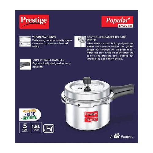 Prestige Popular Plus Svachh Virgin Aluminium Spillage Control Pressure Cooker (Silver)