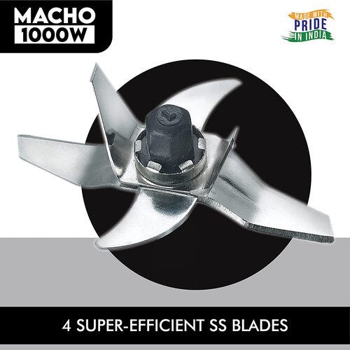 Prestige 1000 Watts Macho Mixer Grinder with 4 Jars (3 Stainless Steel Jars + 1 Juicer Jar)|Advance Lid Lock Mechanism| Stainless Steel Body| Silver & Black