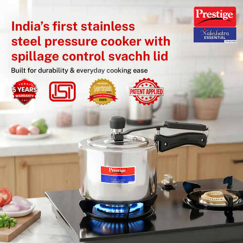 Prestige 3 Litre Stainless Steel Nakshatra Essential Svachh Inner Lid Pressure Cooker | Deep Lid for Spillage Control | TRIPLY Base | Safety Plug | Gas & Induction Compatible | 5Y Warranty | ISI