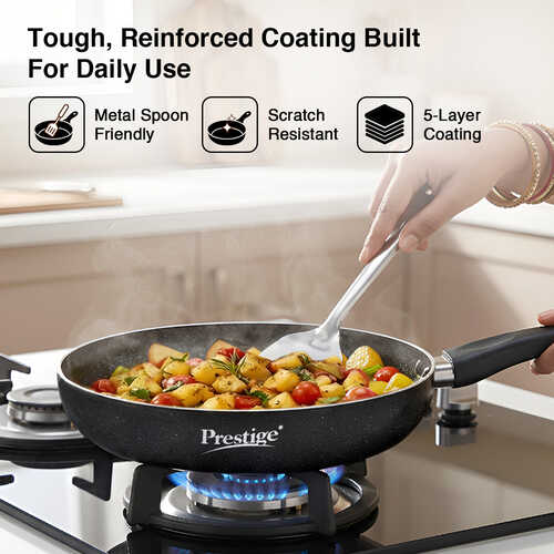 Prestige Omega Deluxe Granite Non-stick Round Base Fry Pan with Glass Lid, 24cm, 1.7L (Black)