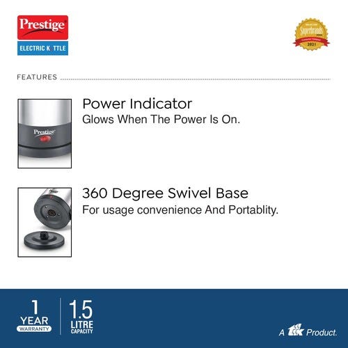 Prestige PKSS 1.5 Stainless Steel Electric Kettle 1.5 L, (Silver & Black)