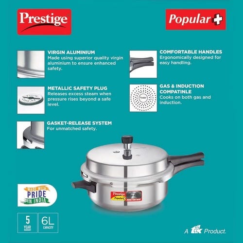 Prestige Popular Plus Virgin Aluminium Gas and Induction Compatible Senior Deep Pan Pressure Cooker, 6 L (Silver)