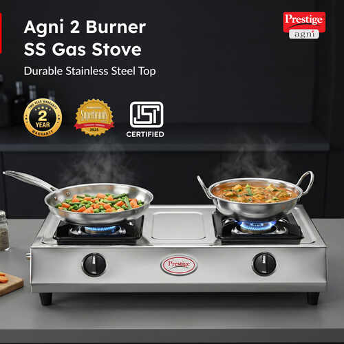 Prestige Agni Manual Stainless steel 2 Burners Gas Stove, Silver