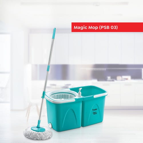 Prestige CleanHome PSB 03 Plastic Magic Mop with Two Mop Heads and Twin Bucket, 6.5L (Blue)