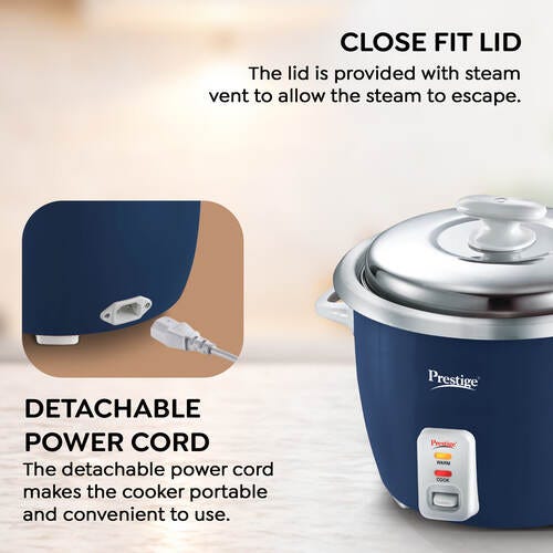 Prestige Cute 1.0-2 SS 400W Electric Rice Cooker|Stainless Steel Cooking Pan 2U|Can Cook|Cool Touch Handles|Blue and Silver|1 Year Warranty On Product And 5 Years Warranty On Heating Plate