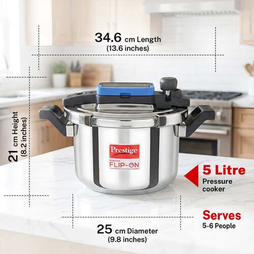 Prestige Svachh Flip-on Stainless Steel Spillage Control Pressure Cooker with Glass Lid, 5 Litre (Silver)