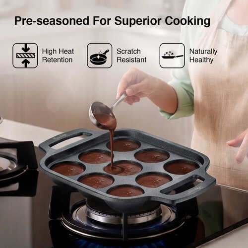 Prestige Cast Iron Paniyarakkal/Appe Patra 9 pit | Ferrocast Flo | Non-Stick | Gas & Induction Compatible | Chemical Free | Preseasoned | Sturdy Handle | Healthy Eating | Lifetime Warranty