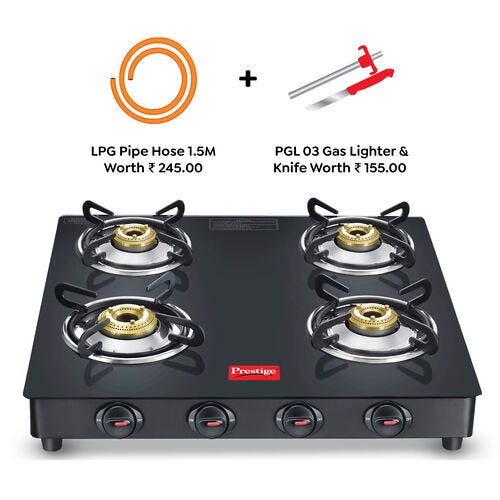 Prestige Atlas Plus LP Gas Stove 1 U GTA-4 (With Powder Coated Body, Glass Top & 4 Unit Brass Burners) & L. P. Gas Hose 1 Unit & Gas Lighter PGL 03 1 Unit & Knife 1 Unit