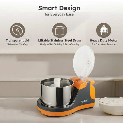 Prestige PWG 10 Orange Wet Grinder with Stainless Steel Drum, 2L, 200W