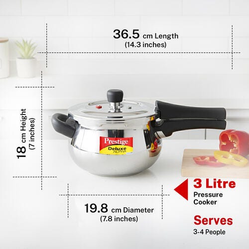 Prestige 3 Litre Stainless Steel Deluxe Alpha Svachh Outer Lid Pressure Cooker | Mini Handi | 10Y Warranty | Deep Lid for Spillage Control | TRIPLY Base | GRS | Gas & Induction Compatible | ISI