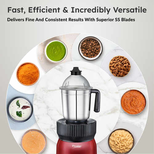 Prestige Fusion 4J 750 Watt Mixer Grinder with with 4 Jars (2 Stainless Steel + 2 Transparent) | Space-Saving Design | Extra Sipper & Storage Lid | Stainless Steel Blades | 2Y Warranty | ISI Certified