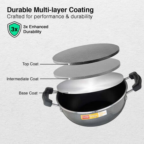Prestige Omega Select Plus Aluminium Flat Base Non-Stick Coating Kadai with SS Lid, (Black)