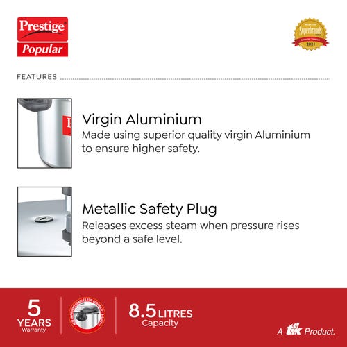 Prestige Popular Virgin Aluminium Precision Weight Valve Pressure Cooker, 8.5 L (Silver)