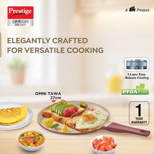 Prestige Omega Die-Cast Non-Stick Omni Tawa | 3-Layer Coating | Die-Cast Body | Metal Spoon Friendly | Heavy Base