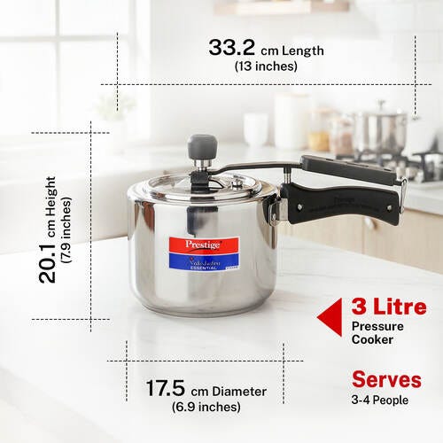 Prestige 3 Litre Stainless Steel Nakshatra Essential Svachh Inner Lid Pressure Cooker | Deep Lid for Spillage Control | TRIPLY Base | Safety Plug | Gas & Induction Compatible | 5Y Warranty | ISI