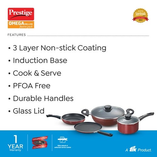 Prestige Omega Deluxe Festive Pack 4 Pc Set (Omni Tawa- 28 cm, Fry Pan- 24 cm, Kadai- 24 cm & Milk Pan- 16 cm)