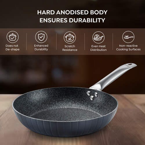 Prestige Durastone Hard Anodised Non-Stick Cookware Set - Fry Pan -24cm/1.9L, Concave Tawa - 24.5cm, Deep Kadai - 24cm/ 3.0L