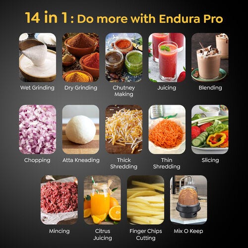 Prestige Endura Pro 1000 Watt Multi Functional Mixer Grinder | Heavy-Duty Ball Bearing Copper Motor | 6 Jars with Food Processing Attachments | 14 Functions in One | 5Y Motor Warranty