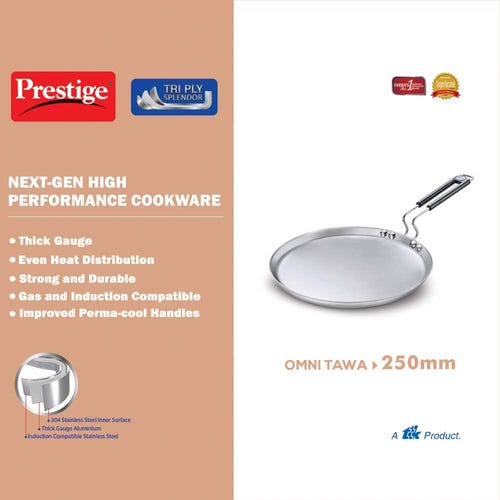 Prestige 25cm Tri-Ply Stainless Steel Splendor Omni Tawa|Gas & Induction Compatible| Even Heat Distribution|Strong and Durable| Perma-Cool Handles| Lifetime Warranty