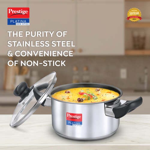 Prestige Platina Non-stick Stainless Steel Unique Impact Forged Bottom Casserole with Glass Lid (Silver)