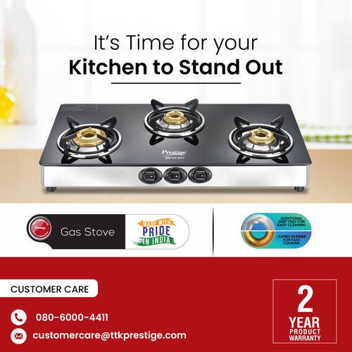 Prestige Marvel Plus GTM 03L SS Manual Stainless steel 3 Burners Gas Stove, Black