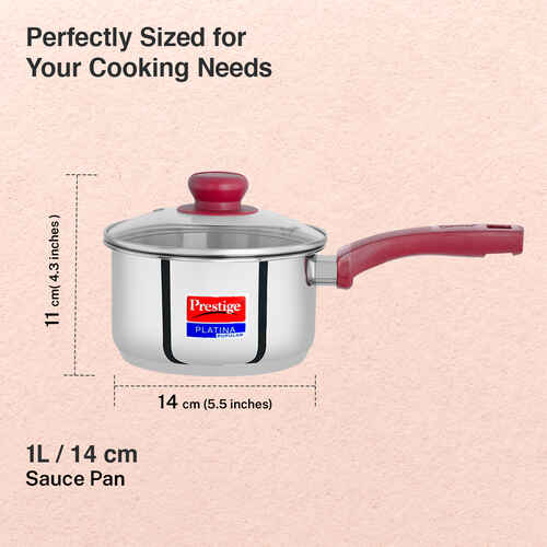 Prestige Platina Popular Stainless Steel Unique Impact Forged Bottom Sauce Pan with Glass Lid, 14cm (1 L) (Silver)