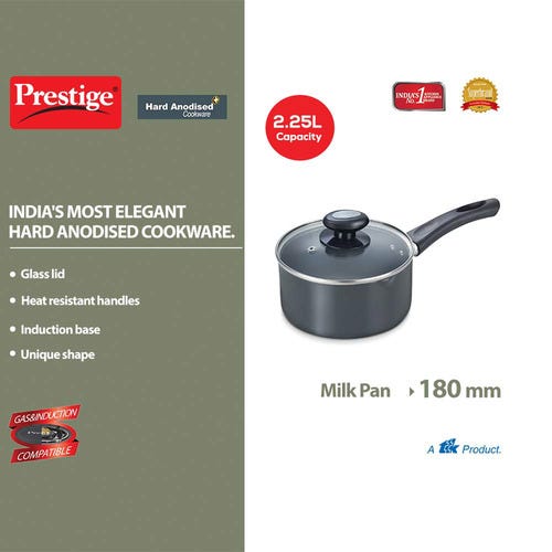 Prestige Hard Anodised Plus Gas and Induction Compatible Milk Pan with Glass Lid, 18cm, 2.25 L (Black)
