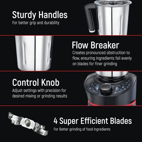 Prestige 1000 Watts Hercules with 4 Jars (3 Stainless Steel Jars + 1 Juicer Jar)| Juicing and Blending Jar with Sieve| Pure Copper Motor| Flow-Breaker Design |4 Super Efficient Blades| Red and Black