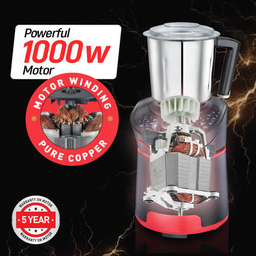 Prestige 1000 Watts Hercules with 4 Jars (3 Stainless Steel Jars + 1 Juicer Jar)| Juicing and Blending Jar with Sieve| Pure Copper Motor| Flow-Breaker Design |4 Super Efficient Blades| Red and Black