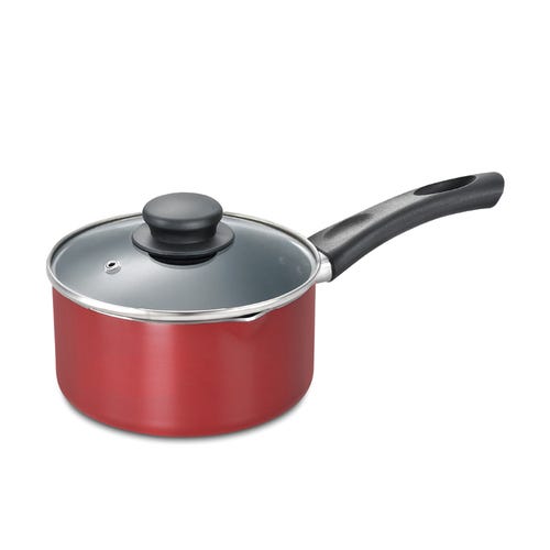 Prestige Omega Deluxe Aluminium Induction Base Non-Stick Milk Pan with Glass Lid, (Red)