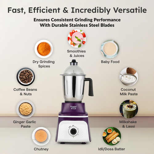 Prestige 750 Watts Prism Mixer Grinder with 4 Jars (3 Stainless Steel Jars + 1 Juicer Jar)| LED Power Indicator|Flow Breaker Design|Juicer Extractor Jar| Purple and White