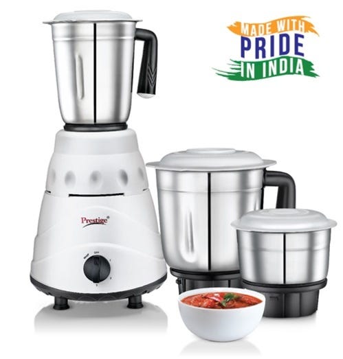 Prestige 500 Watts Coral Mixer Grinder with 3 Stainless Steel Jars| Elegant Design| Sturdy Handles| Black & White