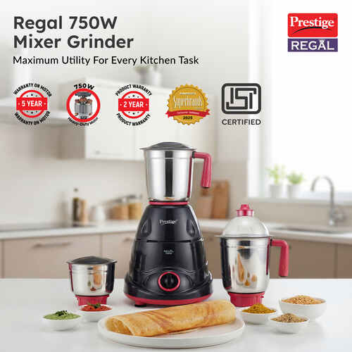 Prestige 750 Watts Regal Mixer Grinder with 3 Stainless Steel Jars| Appealing Design| Sturdy Handles| Red and Black