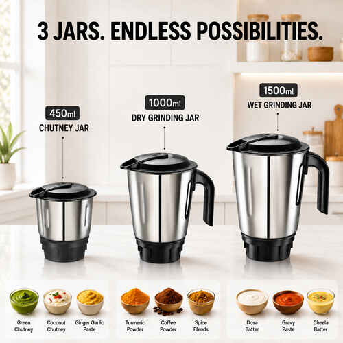 Prestige Elliot 750 Watt 3 Jar Mixer Grinder | Hybrid Copper Motor | 3 Speed Control with Pulse Function | 3 Stainless Steel Jars| Sturdy Ergonomic Handles| 2Y Warranty | ISI Certified