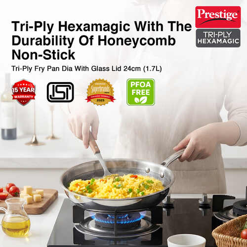 Prestige TRIPLY HexaMagic Fry Pan 24cm/1.7L | Durable Honeycomb Non-Stick Structure | Low Oil Consumption | Metal Spoon Friendly | Gas & Induction Compatible | 15Y Product & 3Y Coating Warranty| ISI