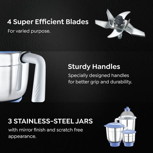 Prestige Iris 750 Watt Mixer Grinder with 4 Jars (3 Stainless Steel + 1 Juicer) | Super Efficient SS Blades | White | 2Y Warranty | ISI Certified