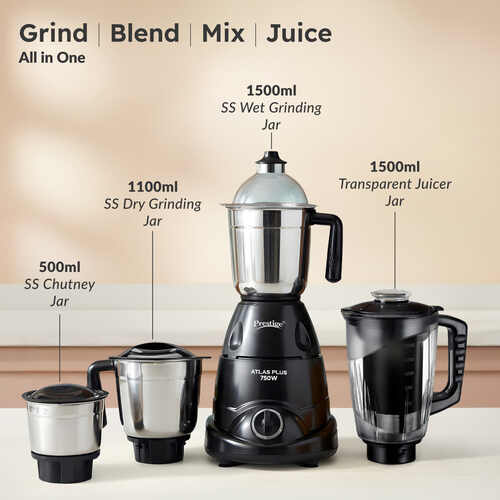 Prestige Atlas Plus Mixer Grinder, With Accessories - Stainless Steel Jars 3 Unit And Juicer Jar 1 Unit