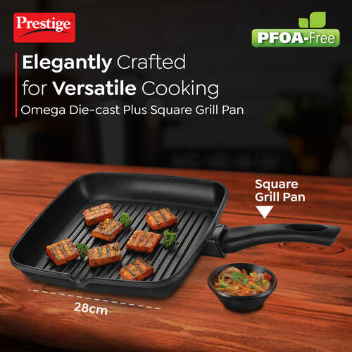 Prestige Omega Die Cast + Aluminium Non-Stick Square Grill Pan 28cm 3-Layer Easy Release Coating|Extra Thick 5.5 mm Base|Induction Base|Die-Cast Body|Black