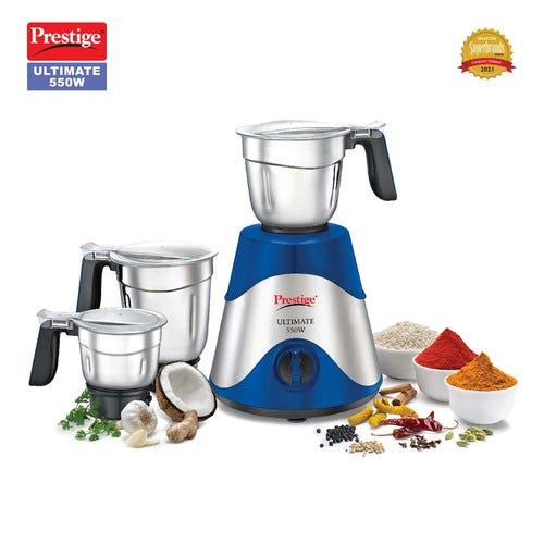 Prestige Ultimate 550 W Mixer Grinder, 3 Jars (1600 ml, 1300 ml, 700 ml) (Blue, Silver)