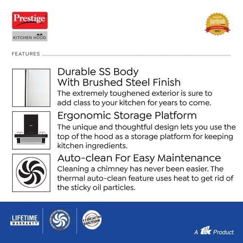 Prestige Tampa 900 KitchenHood with Auto Clean Function - Angular Suction - 1100m3/hr