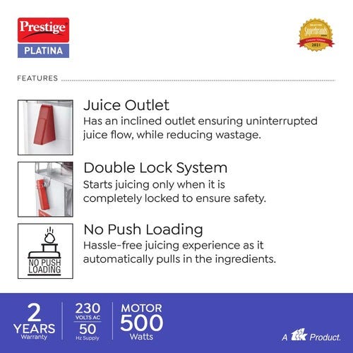 Prestige 550 Watts Platina Juicer Mixer Grinder with 3 Jars (2 Stainless Steel Jars + 1 Juicer Jar)| Detachable Pulp Collector| Stainless Steel Sieve| Double Lock System