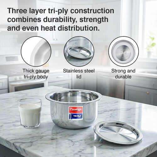 Prestige 12cm/0.75L Tri-Ply Stainless Steel Tope with Lid|Gas and Induction Compatible| Even Heat Distribution|Strong and Durable| 5 Years Warranty