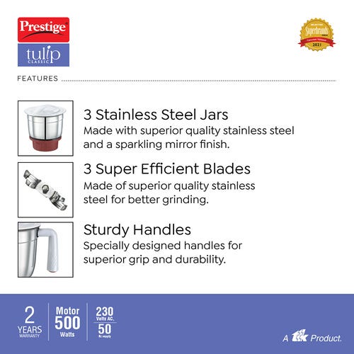 Prestige 500 Watts Tulip Classic Mixer Grinder with 3 Stainless Steel Jars