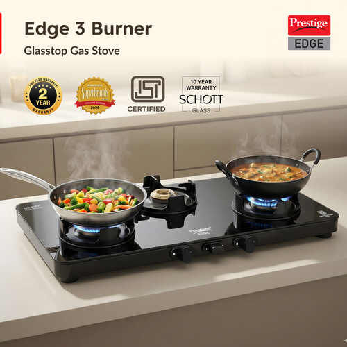 Prestige Edge PEBS 03L Manual Powder Coated with Aluminium Frame 3 Burners Gas Stove, Black