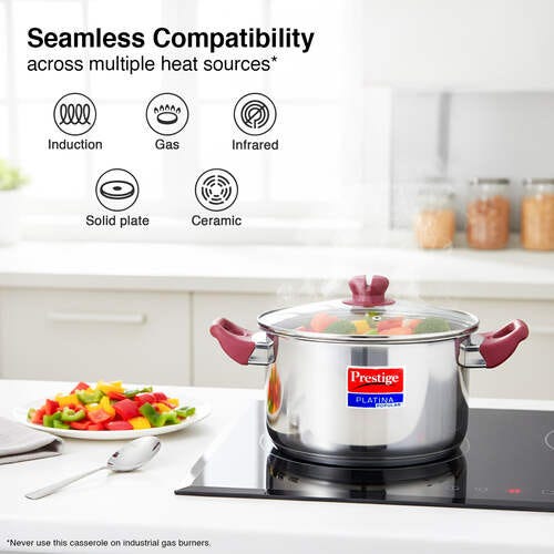 Prestige Platina Popular Stainless Steel Unique Impact Forged Bottom Casserole with Glass Lid, 24cm (5.5 L) (Silver)