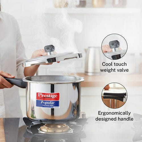 Prestige 1.5 Litre Stainless Steel Popular Outer Lid Pressure Cooker | Deep lid for spillage control | TRIPLY Base | Gas & Induction Compatible | Gasket Release System | 5Y Warranty | ISI Certified