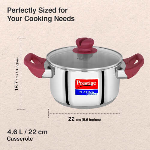 Prestige Platina Popular Stainless Steel Unique Impact Forged Bottom Casserole with Glass Lid, 22cm (4.6 L) (Silver)