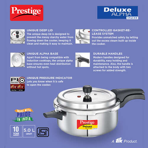 Prestige Deluxe Alpha Svachh Stainless Steel Spillage Control Pressure Cooker-(Silver/Silver)