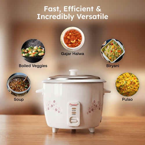 Prestige Delight PRWO-1.5-2 Double Pot Electric Rice Cooker(1.5L for Rice-Open Type, White, with Aluminium Cooking Pan-2 units 3.5 L pan Volume, 500 W)